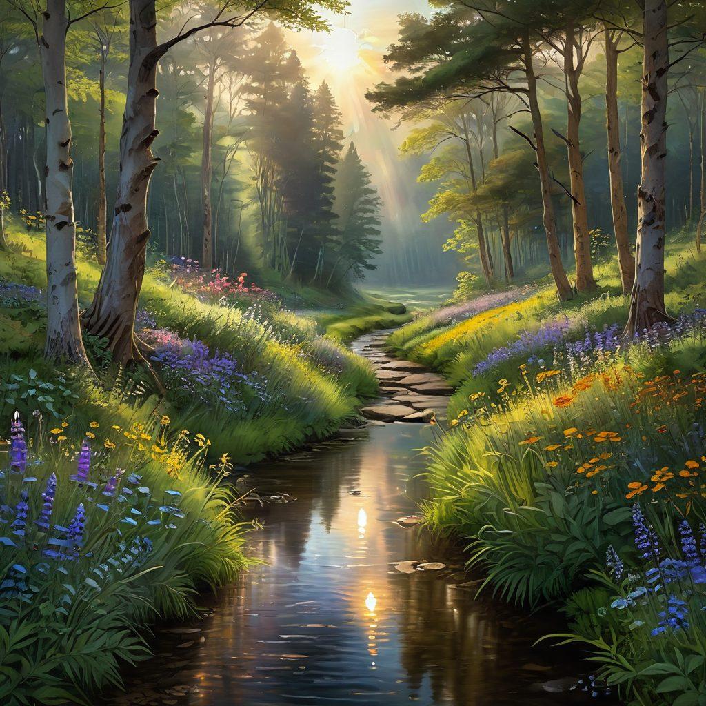 A serene landscape depicting a winding path through a lush forest, transitioning from dark, heavy clouds to bright, golden sunlight. Alongside the path, gentle streams flow, symbolizing the journey from grief to healing. In the foreground, a solitary figure reflects on the journey, surrounded by vibrant wildflowers. Paint the scene with soft, warm colors to evoke hope and renewal. impressionist style. vibrant colors.