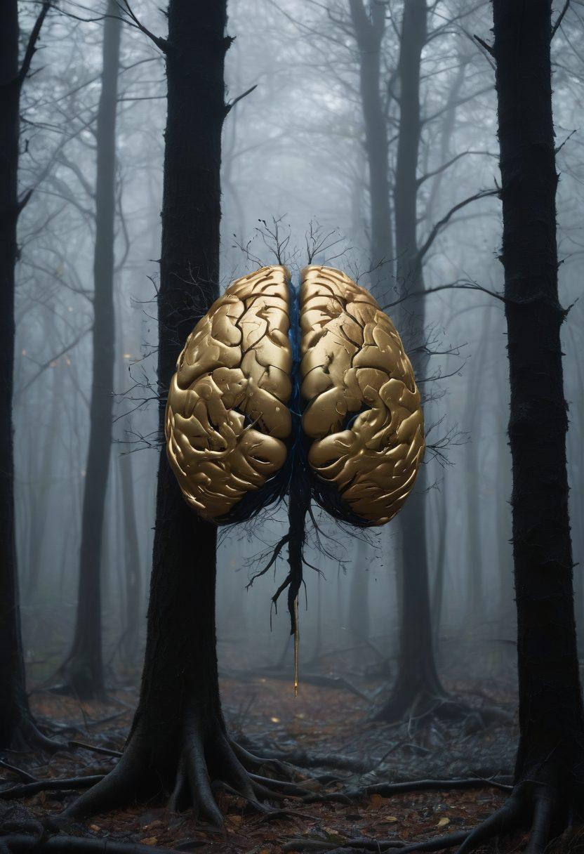 A deep, shadowy forest representing gloom, intertwined with delicate, transparent anatomical outlines of the human brain and heart, showcasing emotions like sadness. Raindrops glistening on dark leaves, a subtle light breaking through the clouds, hinting at the hope within despair. The overall color palette should include dark blues and grays, accented with a touch of warm gold. surrealistic. vibrant colors. dramatic contrast.