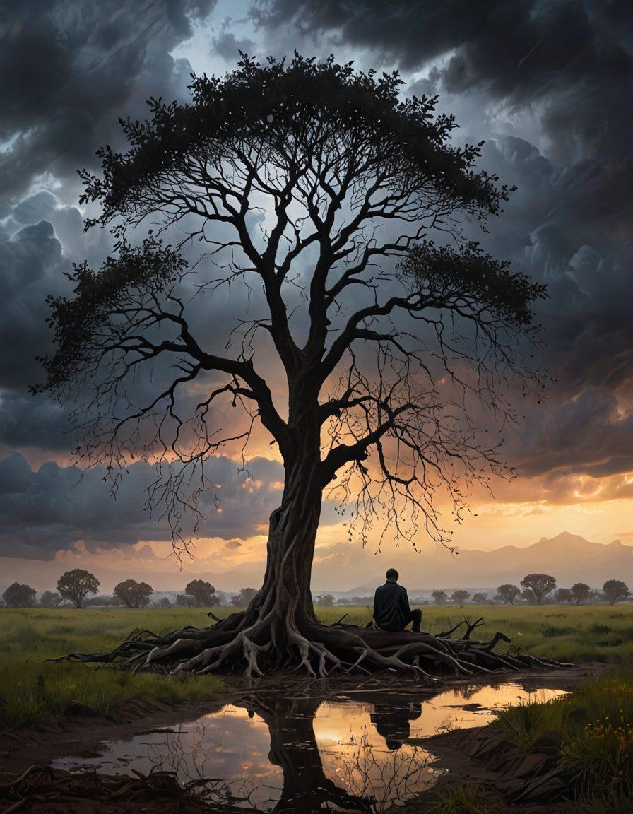 A surreal landscape depicting a person sitting under a wilting tree, surrounded by dark rain clouds, with teardrops falling like leaves. The background portrays a fading sunset, symbolizing hope, while shadows of memories float in the air. The person's expression is thoughtful and introspective, capturing the essence of sadness and reflection. Painting style with muted, melancholic colors, yet hinting at light breaking through the clouds.